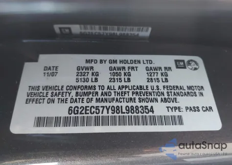 2008 Pontiac G8 Gt из США, поврежденный, VIN 6G2EC57Y98L988354